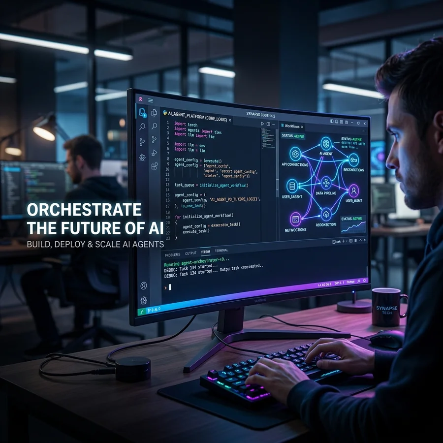 AI Agent คืออะไรในมุม Developer ภาพจำลองแดชบอร์ดนักพัฒนาและระบบ Agentic Workflow