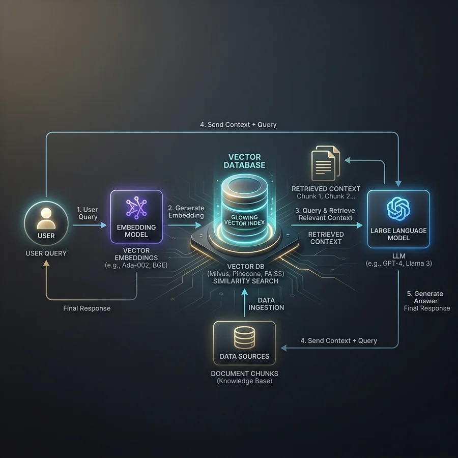 สถาปัตยกรรม RAG Architecture แสดงการเชื่อมต่อ Embedding Model และ Vector Database