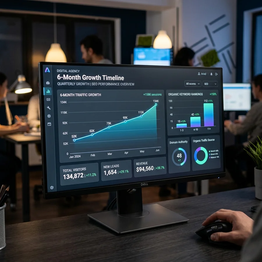 การทำ SEO ใช้เวลากี่เดือน แสดงผ่านกราฟการเติบโต 6 เดือนในแดชบอร์ด Analytics
