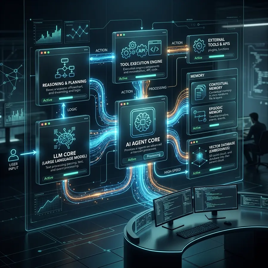 สถาปัตยกรรมของ AI Agent ประกอบด้วย LLM Core, Tool Execution, Memory และ Vector Database