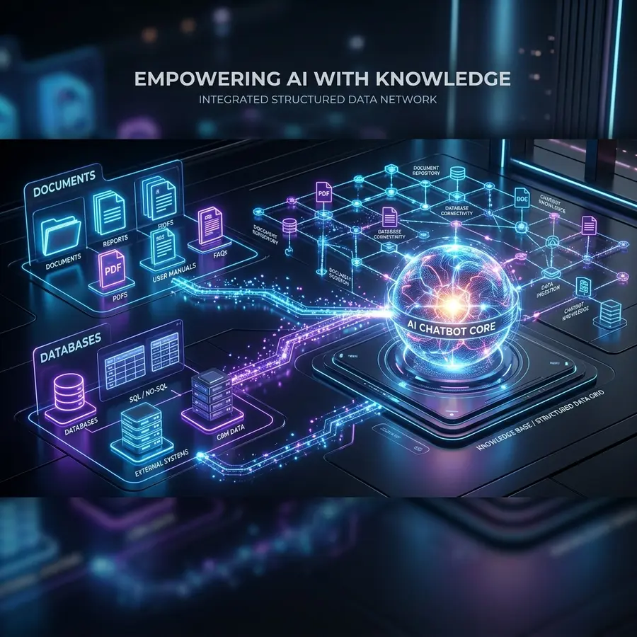 วิธีออกแบบ Knowledge Base สำหรับ AI Chatbot แสดงภาพแดชบอร์ดเชื่อมต่อข้อมูลเข้ากับ AI