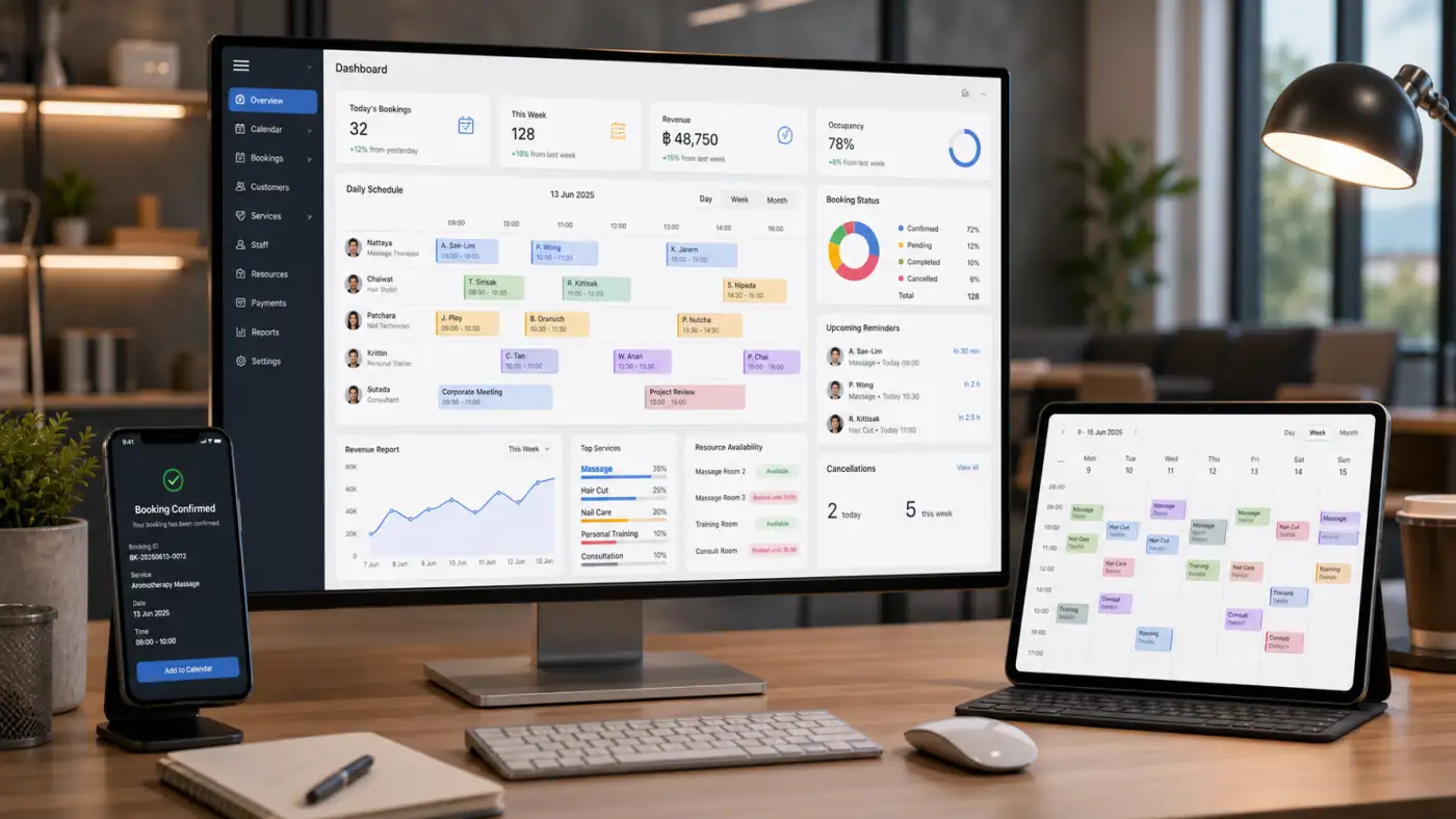 รับทำระบบจองออนไลน์ Dashboard จัดการตาราง พนักงาน ลูกค้า และรายงาน