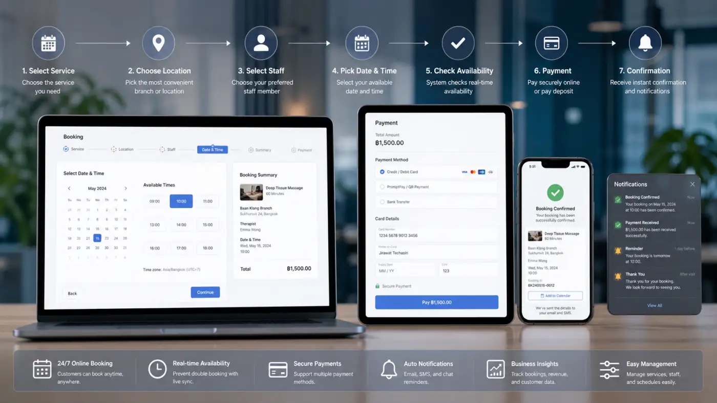 ระบบ booking online ขั้นตอนเลือกบริการ วันเวลา ชำระเงิน และยืนยันการจอง