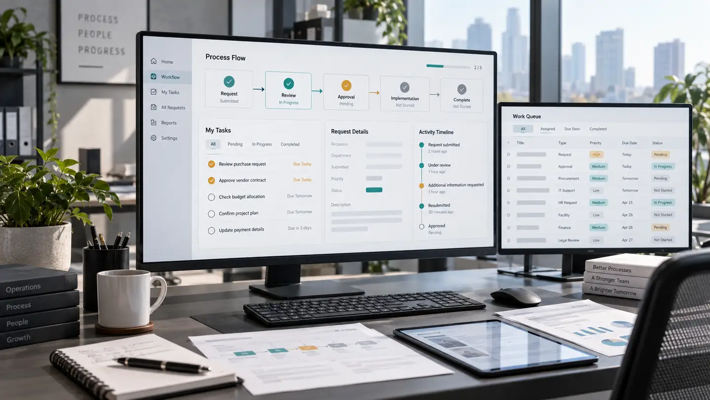 ระบบ Workflow แสดงขั้นตอนรับเรื่อง ตรวจสอบ อนุมัติ และติดตามงานในองค์กร