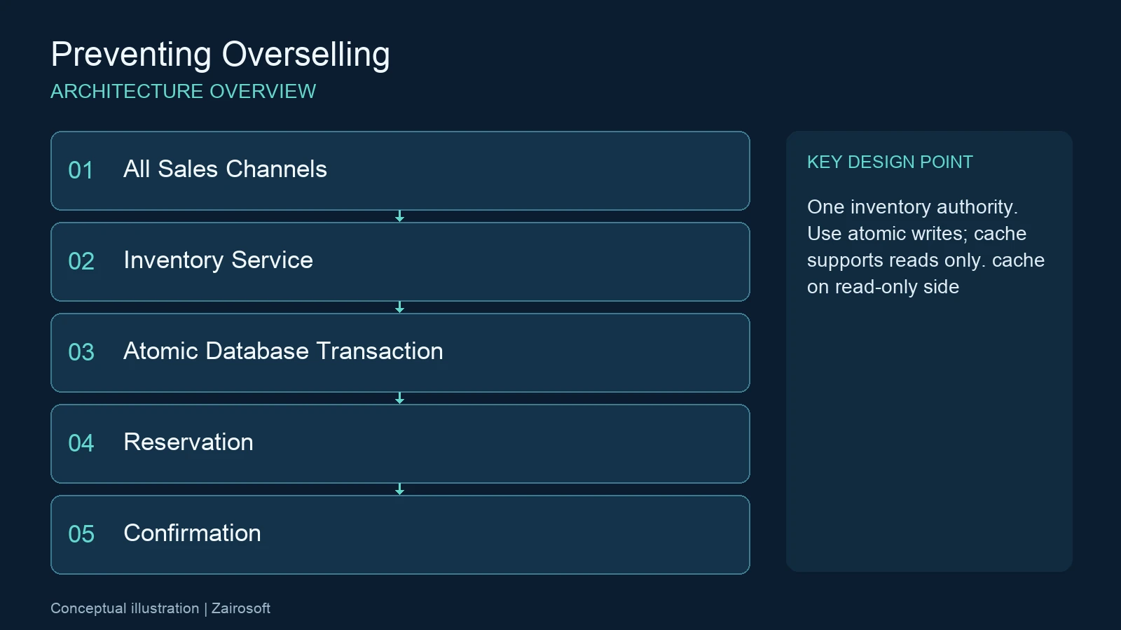 ป้องกัน Overselling — แผนภาพองค์ประกอบระบบและจุดควบคุมสำคัญ