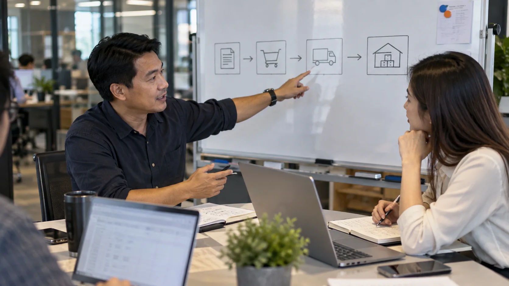 พัฒนาระบบ ERP — ภาพประกอบงานธุรกิจและทีมที่วางแผนระบบ ERP