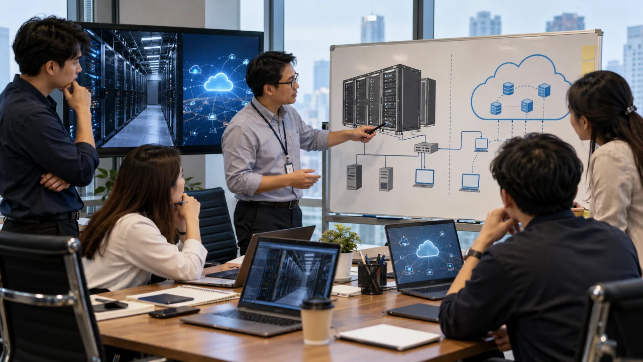 Cloud vs On-Premise — แผนภาพแนวคิดการเชื่อมศูนย์ข้อมูลบริษัทกับ Cloud