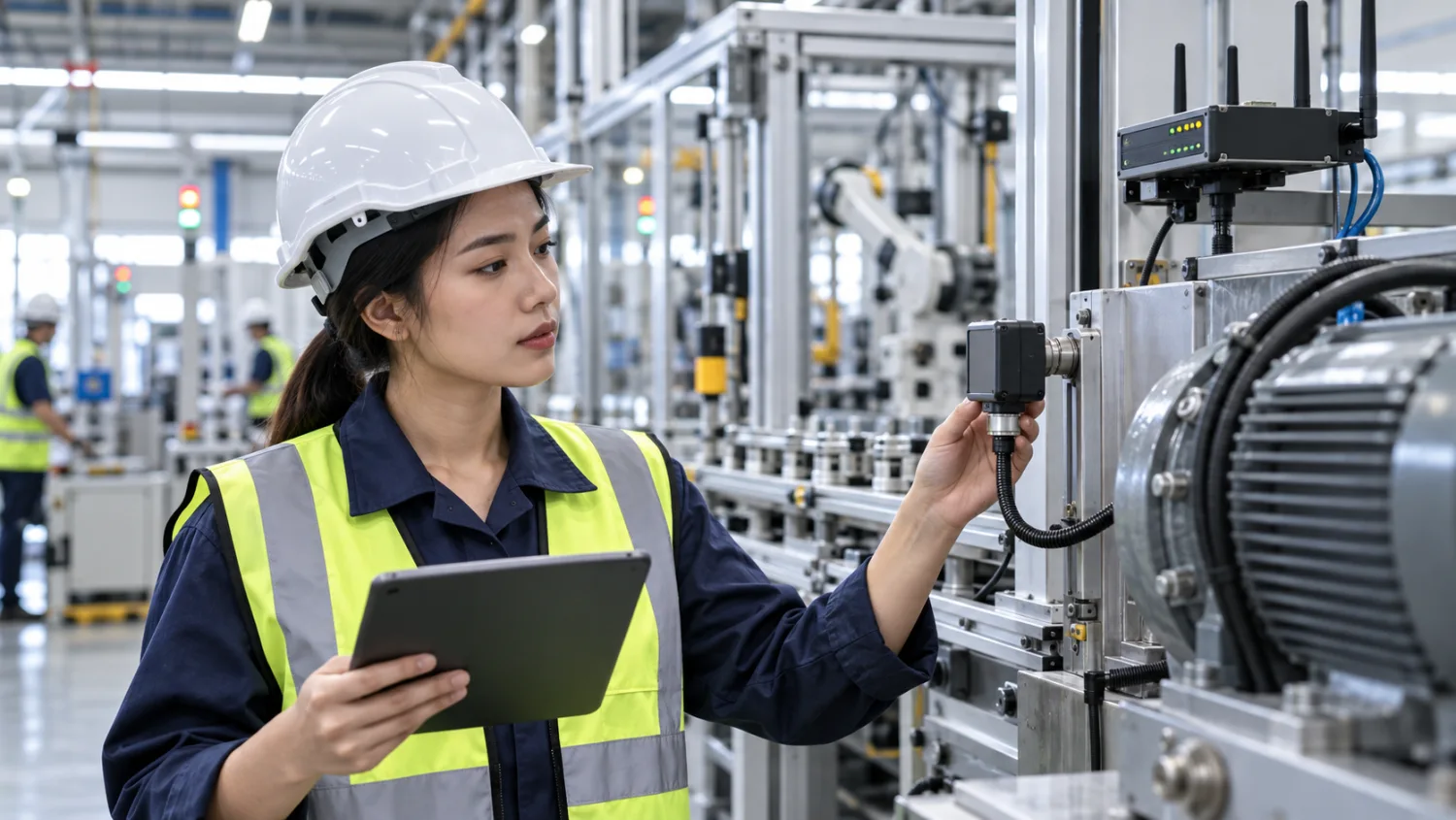 IIoT คืออะไร วิศวกรชาวไทยตรวจสอบเซนเซอร์ที่เชื่อมข้อมูลเครื่องจักรในโรงงาน