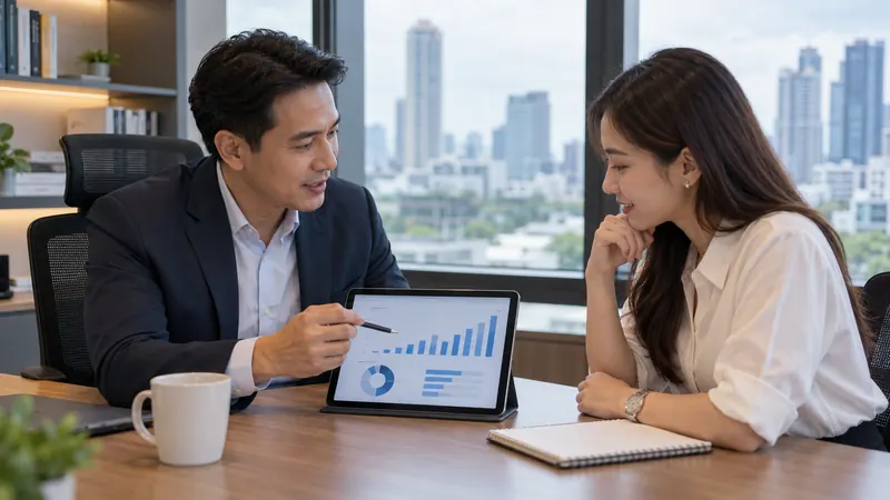 คำนวณ KPI พนักงาน ภาพทีมงานและผู้จัดการทบทวนผลการทำงานในองค์กร