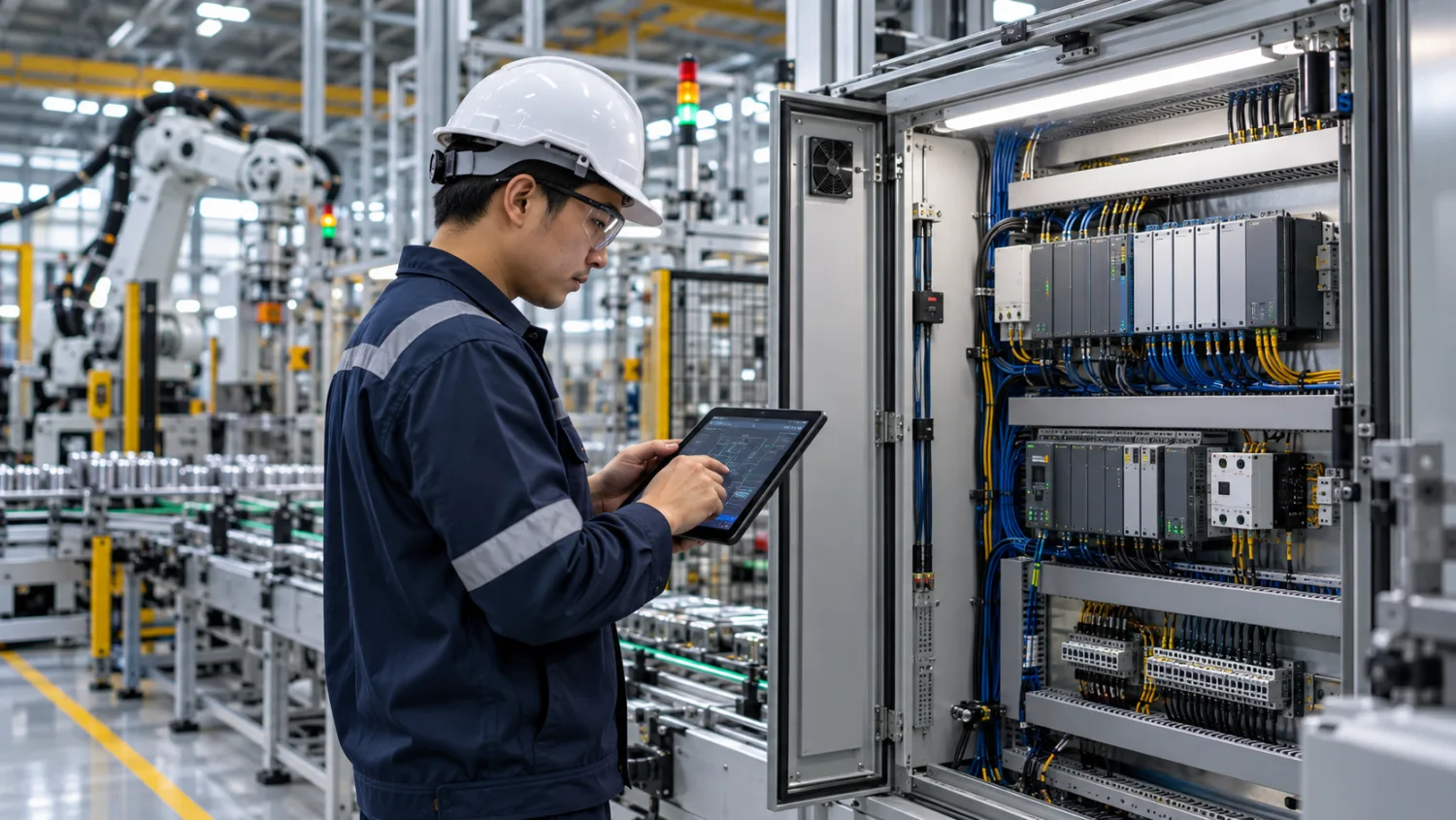PLC คืออะไร วิศวกรระบบอัตโนมัติชาวไทยตรวจสอบตู้ควบคุมโรงงาน