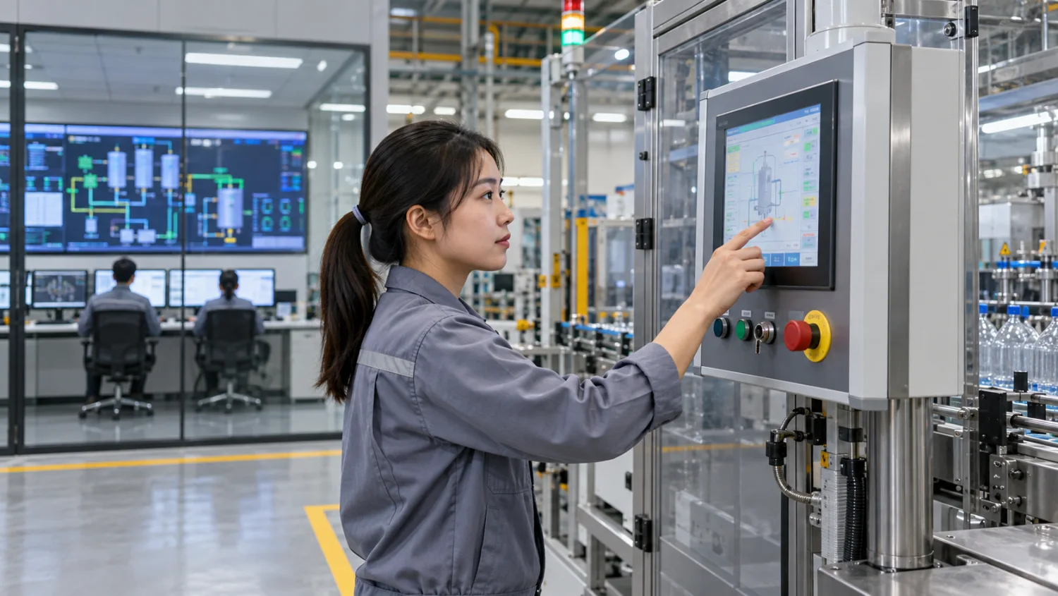 HMI หน้าจอประจำเครื่องและ SCADA แสดงภาพรวมโรงงานทำงานร่วมกัน