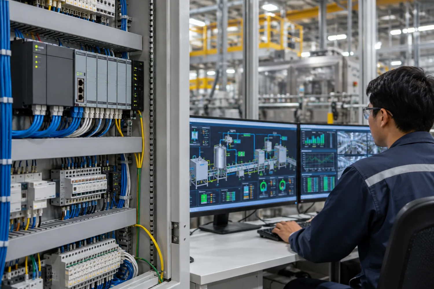 PLC และ SCADA ทำงานร่วมกัน โดย PLC ควบคุมเครื่องและ SCADA แสดง Monitoring