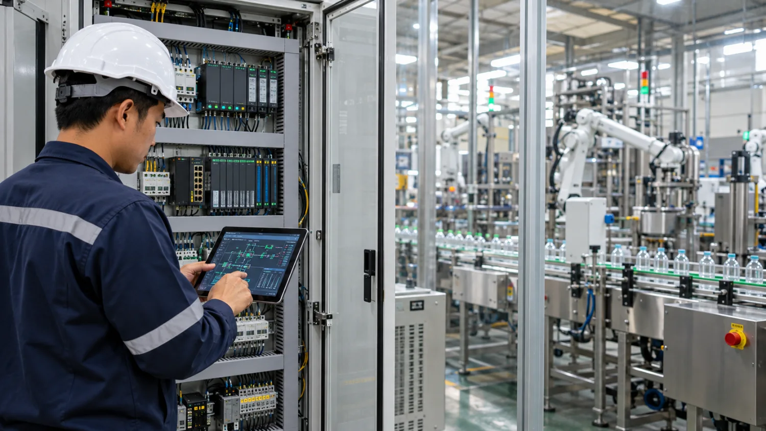 SCADA architecture เชื่อม PLC อุปกรณ์ภาคสนาม เครือข่าย และระบบบันทึกข้อมูล