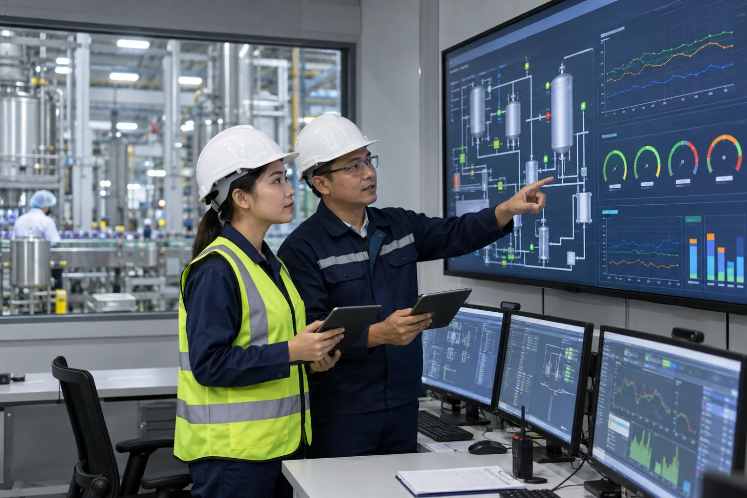 SCADA ใช้ติดตามสถานะและแนวโน้มเครื่องจักรในห้องควบคุมโรงงานโดยวิศวกรชาวไทย
