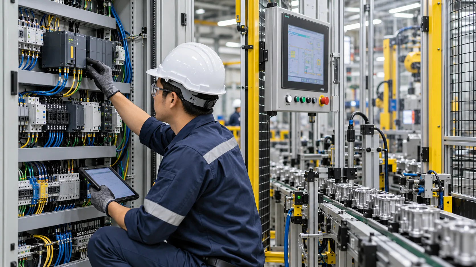 โรงงานอุตสาหกรรมอัจฉริยะตรวจ PLC และ Sensor ในไลน์ผลิต