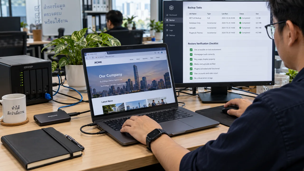 Backup WordPress — ผู้ดูแลทดสอบกู้เว็บไซต์พร้อมอุปกรณ์จัดเก็บข้อมูลแยก