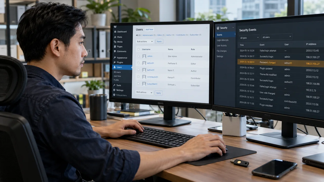 WordPress Security — ผู้ดูแลตรวจบัญชีและความปลอดภัยเว็บไซต์ในสำนักงาน