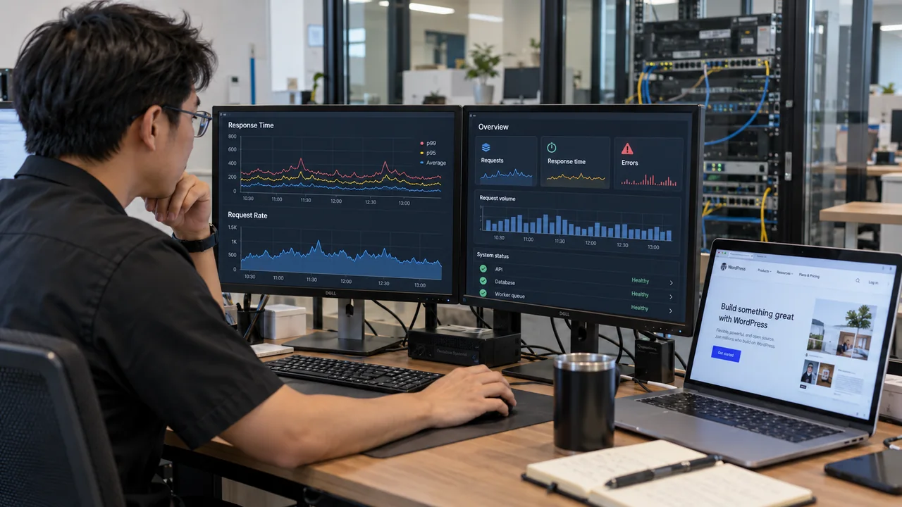 WordPress รองรับ Traffic — ผู้ดูแลตรวจโหลดเว็บไซต์และสถานะระบบในพื้นที่ทำงานจริง