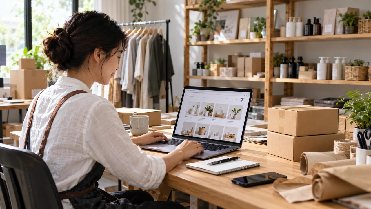 ทำเว็บ E-commerce สำหรับร้านออนไลน์ เจ้าของร้านตรวจหน้าสินค้าบนแล็ปท็อปข้างพื้นที่แพ็กคำสั่งซื้อ