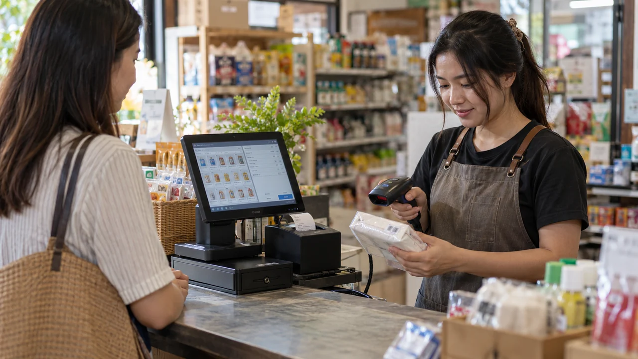 ระบบ POS สำหรับร้านค้าปลีก พนักงานสแกนสินค้าและบันทึกการขายที่เคาน์เตอร์