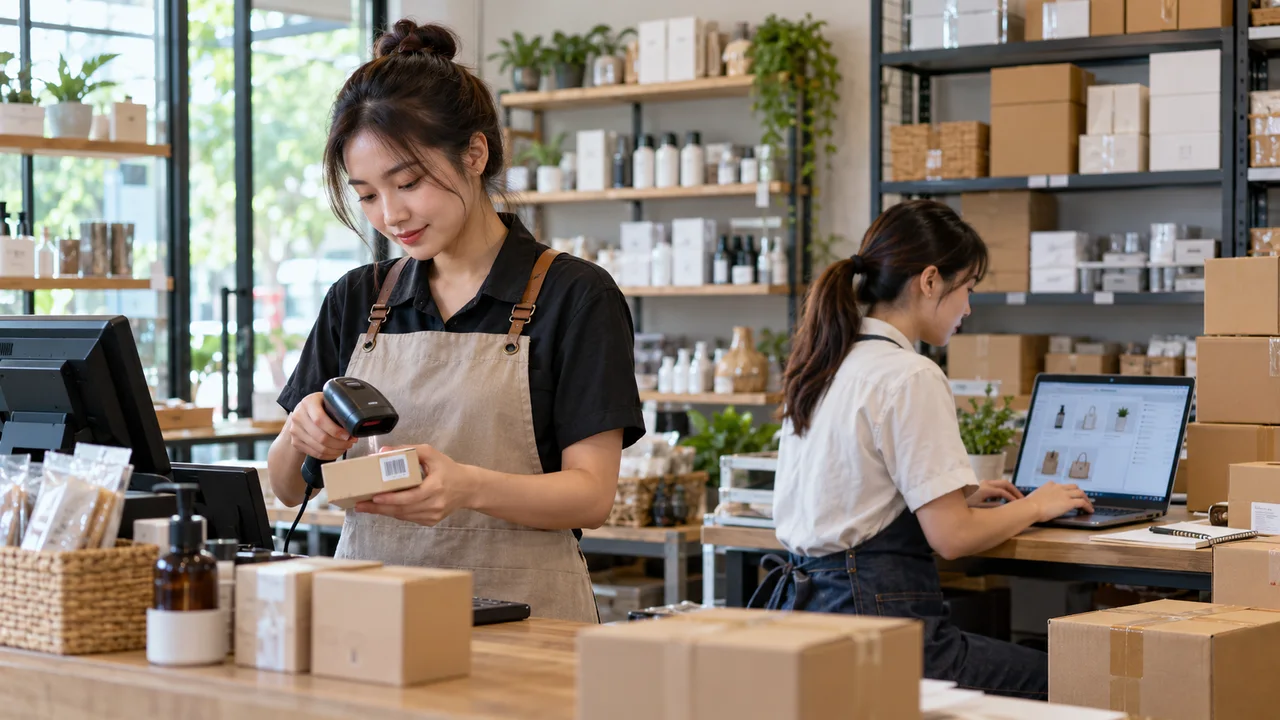 เว็บไซต์เชื่อม Stock — พนักงานตรวจยอดออนไลน์กับสินค้าหน้าร้าน